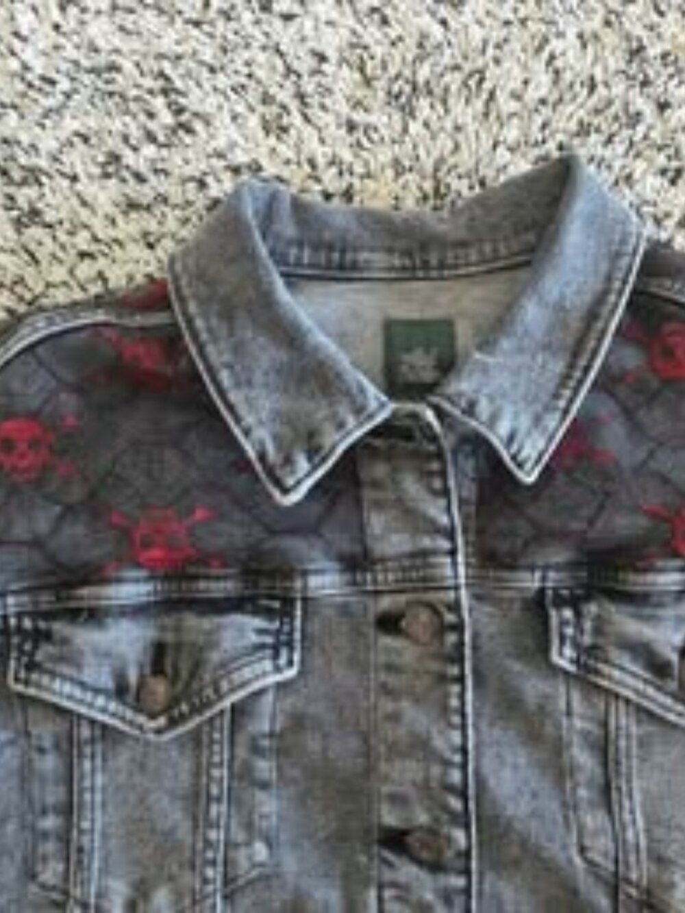 XXL BLACK DENIM JACKET with BLACK LACE with RED SKULLS